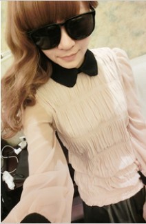Free shipping ladies' Fashion lantern sleeve chiffon pleated black peter pan collar shirt