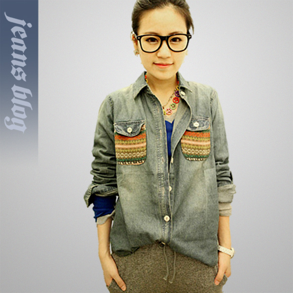 Free Shipping Ladies Fashion Print  Blue Jean Shirt Classical Fashion Jean Clothes Korean Style  6058