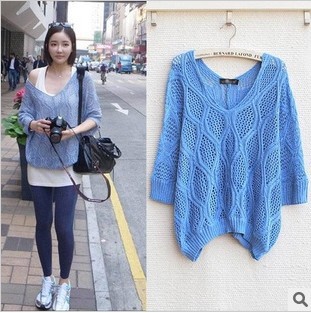 Free Shipping ladies fashion short design sweater seventh batwing sleeve v-neck casual pullover sweater blue white