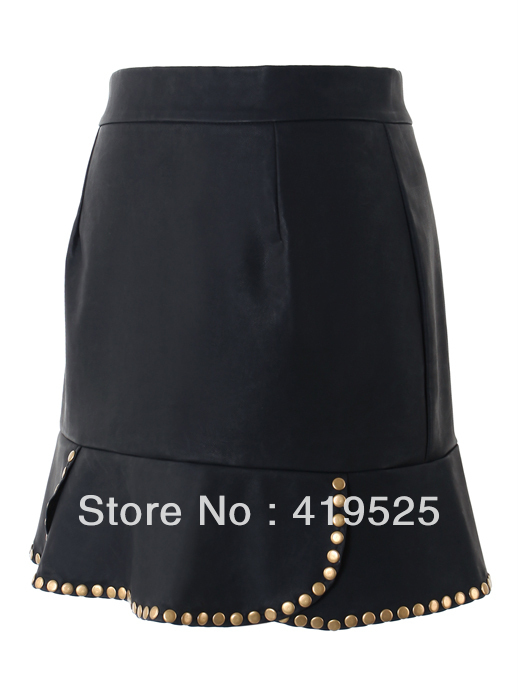 Free shipping Ladies Fashion sweet Rivets Black PU Leather puff Sexy short Skirt Hot Selling
