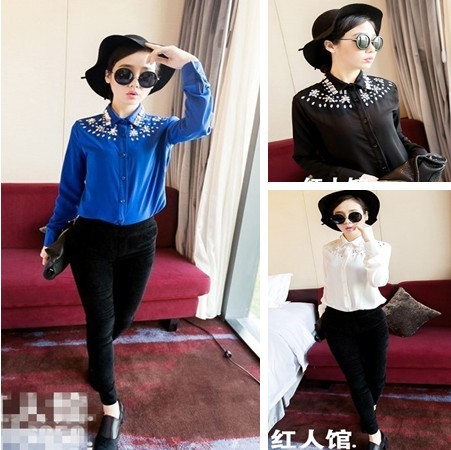 Free shipping ladies handmade sewing silver bling rhinestone turn-down collar long-sleeve shirt