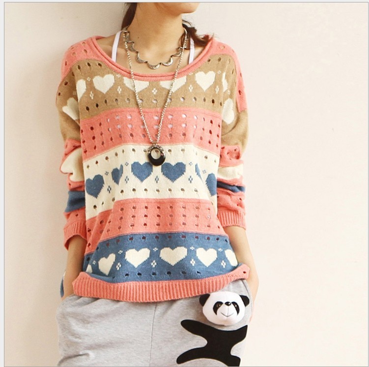 Free shipping ladies Hollow Long sleeve loose Knitwear Multicolor stripe sweater cutout loose pullover sweater