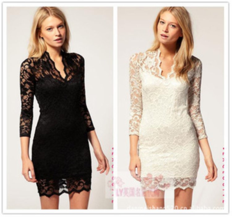 Free shipping Ladies lace dress Full lace floral lace V plunging necklines sexy hip receiving pocket dress