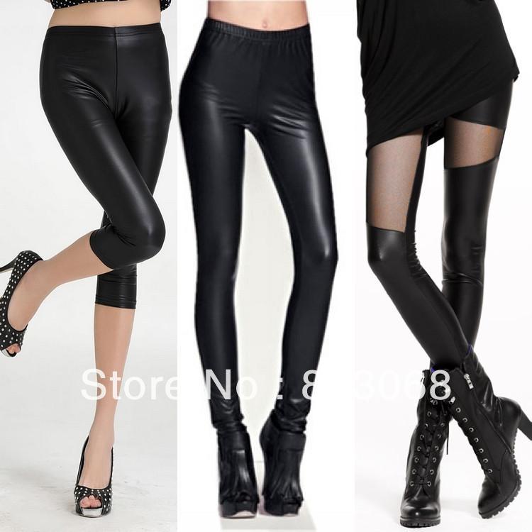 Free Shipping Ladies Leggings, Shiny Pants Tights  C13164JU   Fashion Black Leather Tregging