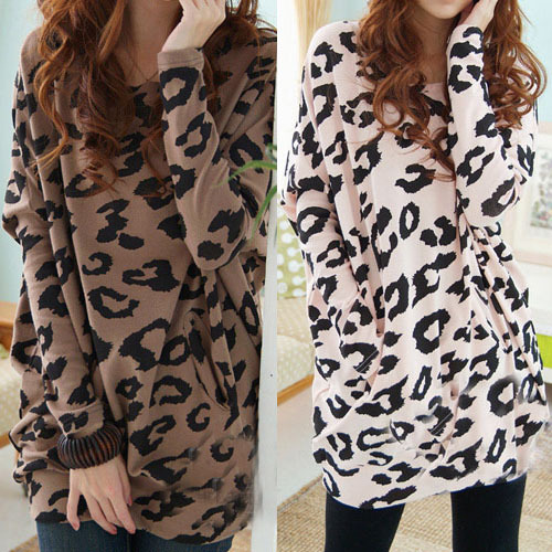 Free shipping Ladies Loose Leopard Print Batwing Long Tops T-Shirt Womens Blouse Dress  WS102