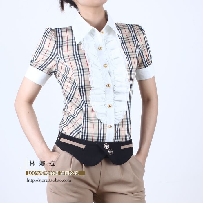 Free shipping!Ladies OL slim fit short sleeve ruffles plaid tops body shirts women,S-2XL