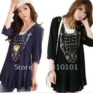 Free shipping ladies plus-size blouse with lace Emb. on Center Front/ 2013 NEW ITEMS