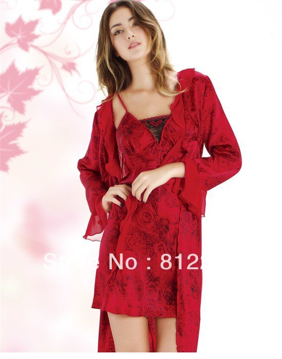 Free shipping ladies printed long robe nightgown clothing set 81-0013