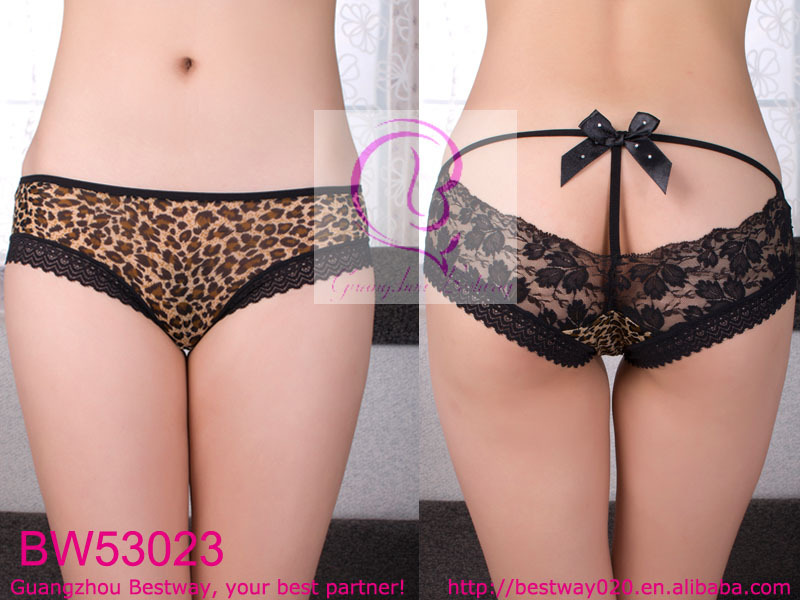 Free shipping Ladies sexy panties leopard and transparent floral lace & satin bow and rhinestone black and white assorted pack