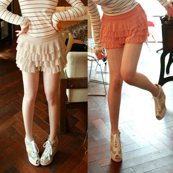 Free shipping Ladies summer fashion solid color pleated flowers skirt shorts pants Wholesale & Retail W853 Orange, Apricot