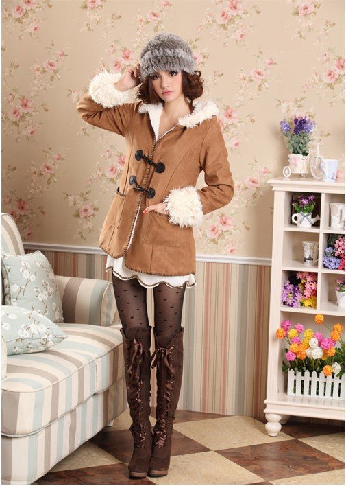 Free Shipping Ladies Warm Winter Woolen Long Coat Fashion Trench Hooded Coat Double Button Sweet Fashion Coat