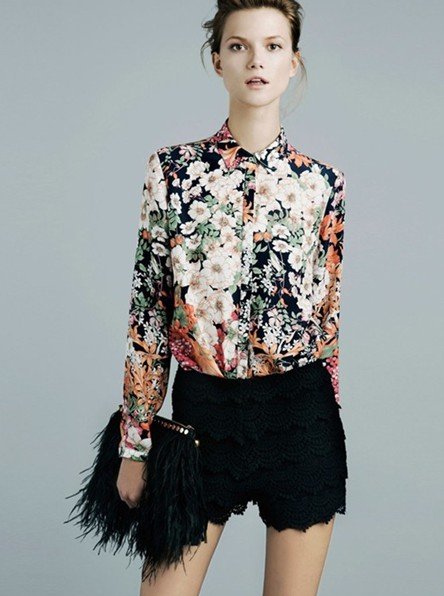 Free Shipping Lady big gorgeous flowers personality printing shirt (XS,S.M) TB1196