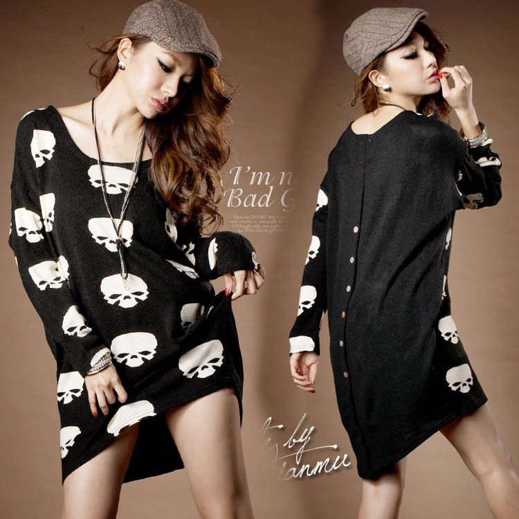 Free Shipping Lady fashion loose knitwear sweep irregular skull t shirt women casual autumn mini pullover dress MY0020 Black