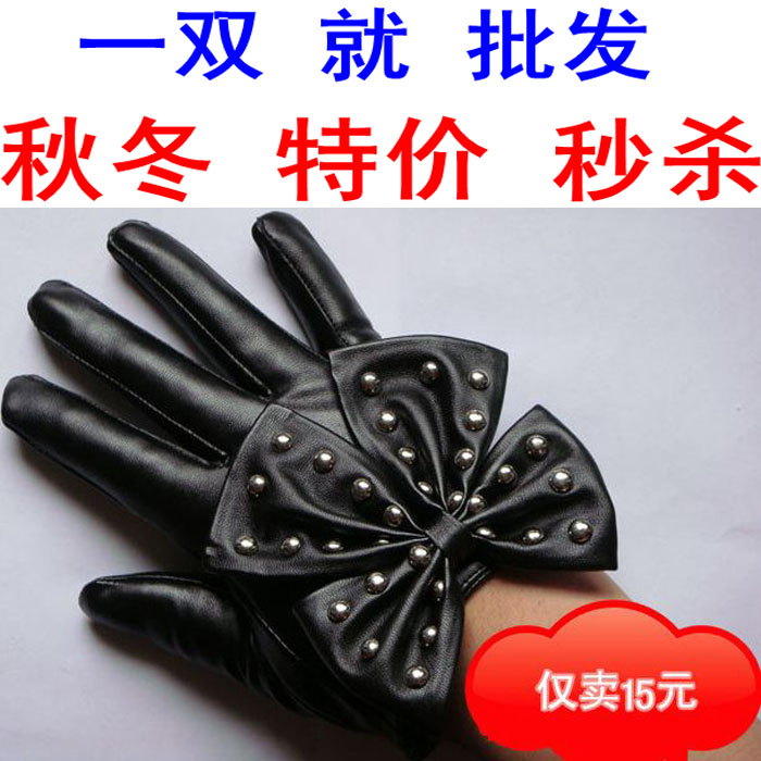 Free shipping Lady gaga rivet large bow women's fashion leather gloves