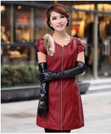 Free shipping!Lady leather medium style dress leather skirt rabbit hair shoulder strap cultivate one's morality zipper coat