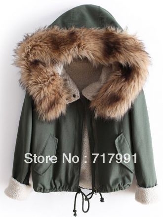 Free Shipping Lady's Cool Stylish Green Fur Hooded Long Sleeve Drawstring Coat