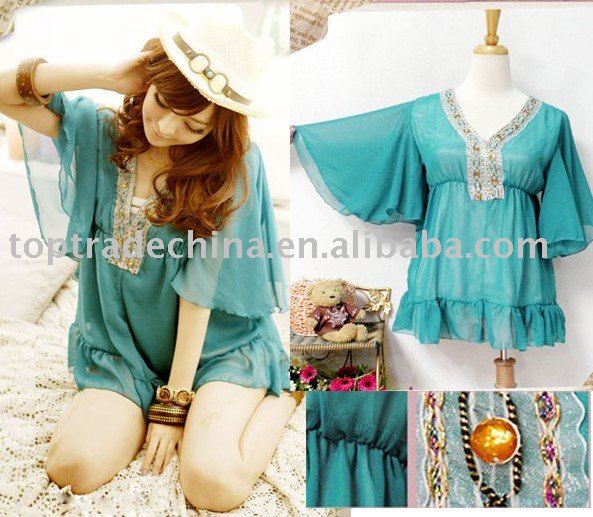 FREE SHIPPING!! lady's fashion bohemian style blouse, short sleeve chiffon blouse XR2405-3 green BY HK POST!!