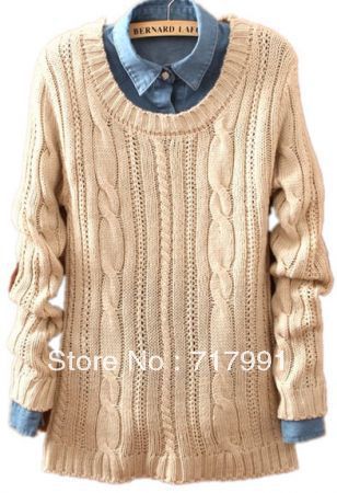 Free Shipping Lady's New Autumn/Fall Beige Long Sleeve Patch Pullovers Loose Sweater