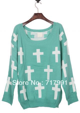Free Shipping Lady's New Stylish Green Round Neck and White Cross Pattern Jumper Sweater