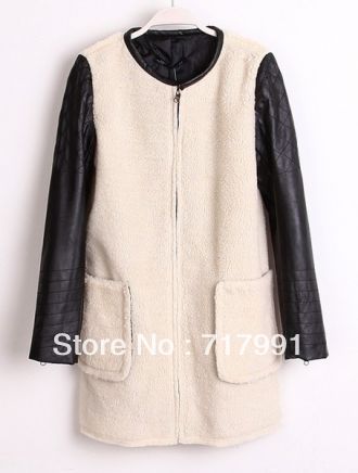 Free Shipping Lady's New Stylish White Contrast Leather Cuff Zipper Pockets Coat