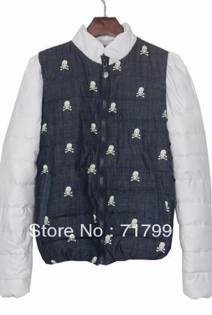 Free Shipping Lady's New White Stand Collar Contrast Skull Print Denim Padded Jacket