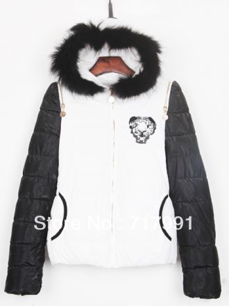 Free Shipping Lady's New White Tiger Back Zip Shoulder Black Sleeve Hooded Padded Jacket