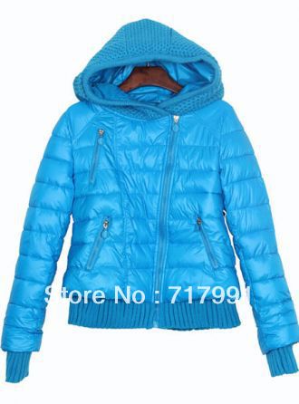 Free Shipping Lady's New Winter Shiny Blue Oblique Zipper Placket Contrast Sweater Hooded Padded Jacket