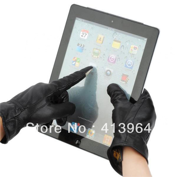 Free shipping Lady's Sheep Leather Full Fingers Touch Screen Gloves - Black (Size L)