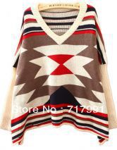 Free Shipping Lady's Stylish Cool Beige Batwing Long Sleeve Geometric Embroidery Sweater