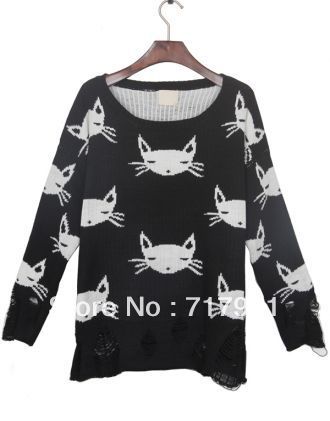 Free Shipping Lady's Stylish Cool Black Shredded Distressed with White Cats Sweater