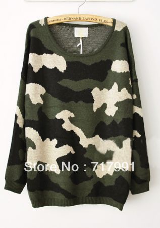Free Shipping Lady's Stylish Cool Green Camouflage Round Neck Oversized Knitted Sweater