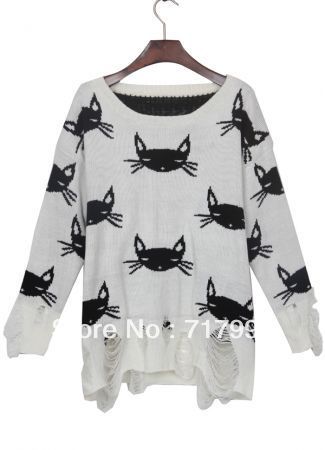 Free Shipping Lady's Stylish Cool White Black Cat Print Shredded Distressed Sweater