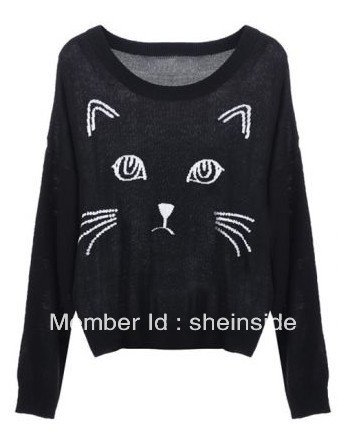 Free Shipping Lady's Stylish Perfect Black Embroidered Cat Round Neck Loose Sweater