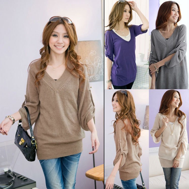 Free shipping lady's V-NECK TUNIC KNIT WEAR PULLOVER SWEATER DRESS -drop shipping