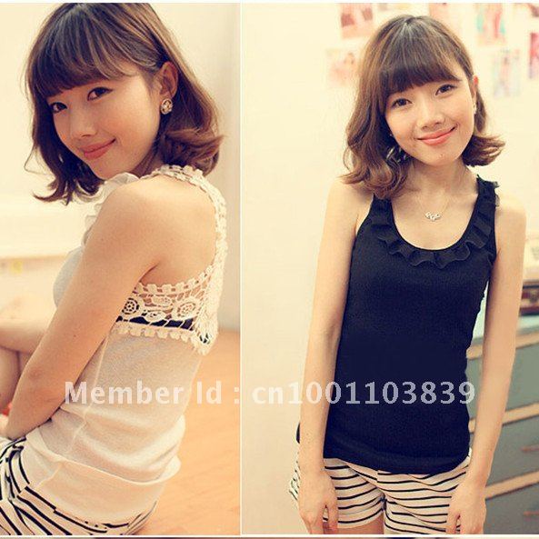 free shipping Lady sexy Crew Neck Sleeveless Shirt Top Hollow-Out Lace Vest Camisole Pierced #5113