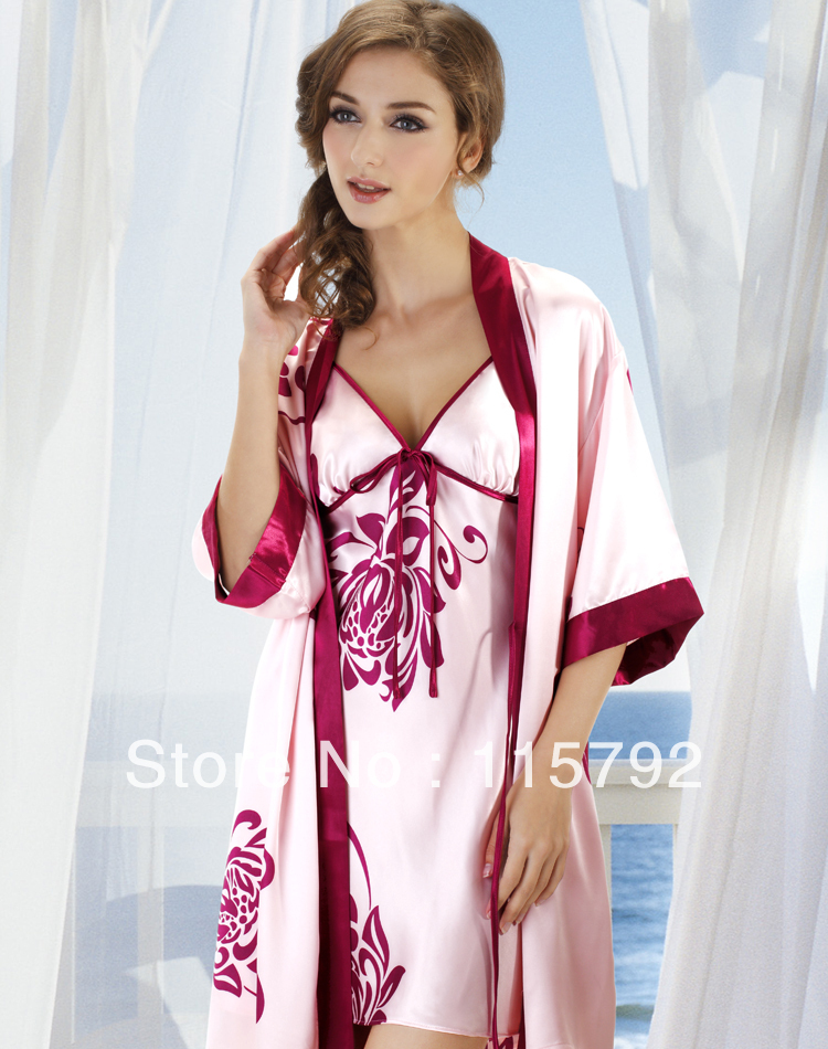Free Shipping Lady Sleepwear Silk Pink Floral RobePink Floral Robe ( 60% Discount)