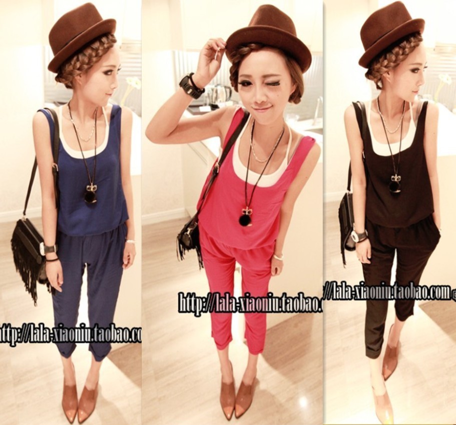 Free Shipping Lady Solid Color Casual Rompers blue black pink red Women Multicolour Fashion Summer Sleeveless Jumpsuits Trousers