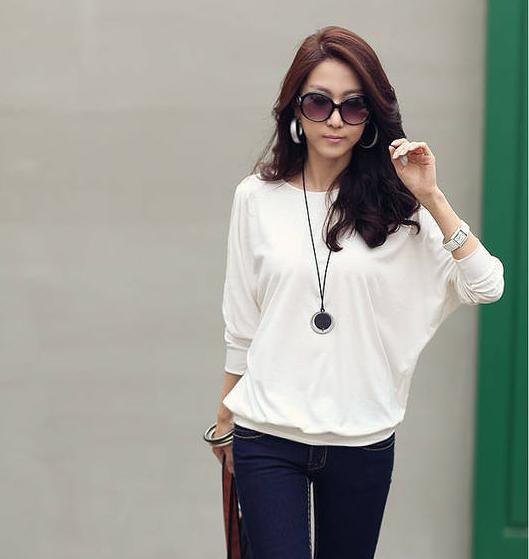 Free Shipping Lady Women's Round neck cotton Blouse Top lantern long sleeve shirt, Black / White Color Choice C100