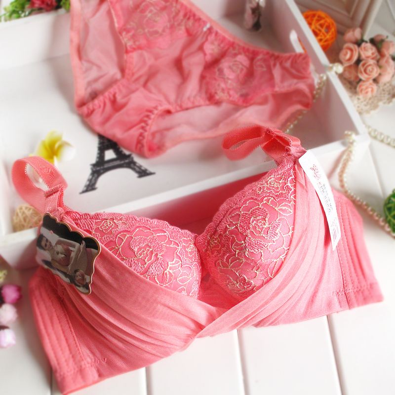 free shipping Large deep V-neck adjustable push up side gathering underwear bra 3 breasted bra set