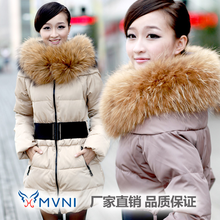 free shipping ! Large luxury raccoon fur slim medium-long down coat female