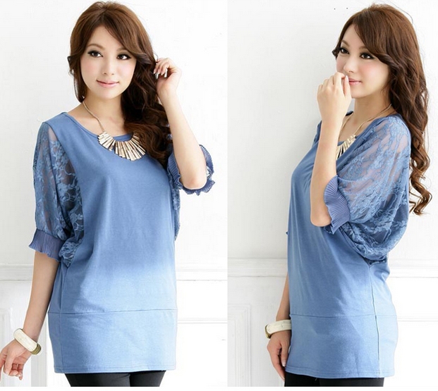 Free Shipping!Large size women fat MM spring new fashion horn sleeve lace jacquard stitching in the sleeve sweaters ioeoi9880
