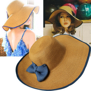 Free Shipping Large straw braid hat sunbonnet beach cap large brim hat anti-uv bow chili straw hat