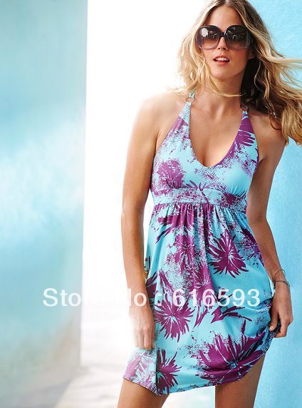 Free Shipping LC2556 Sweet Hawaii Leave Printing Halter V-neck High Waist Loose Fresh Beach Dress Blue