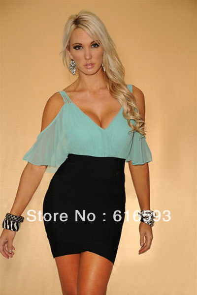 Free Shipping LC2619 Sweet Off-shoulder Lotus Leave Short Sleeve Bare Back Chiffon Splicing Mini Dress
