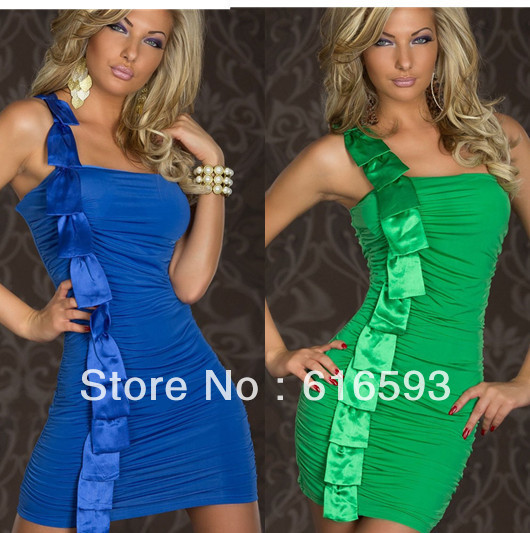Free Shipping LC2648 Dear Lover Elegant Satin Bow laid All Over One Shoulder Pleated Dear Lover New Arrival Dress Green/Blue