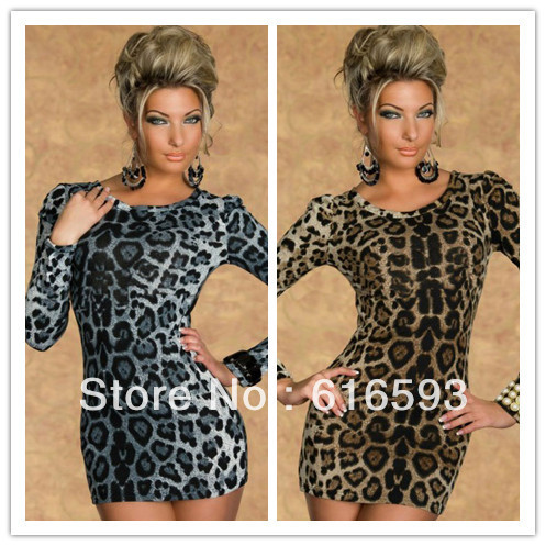 Free Shipping LC2683 Fashionable Classic Leopard Printing Long Sleeve Round Collar Simple Club Night Dress Grey/Coffee