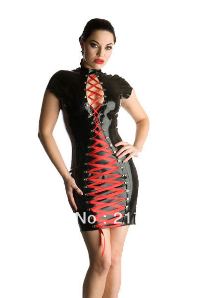 Free Shipping LC9139 Appealing Leather Dress with Satin Lace-up Front Sexy Clubwear Mini Dress New Arrival Body Fit Stand Collar
