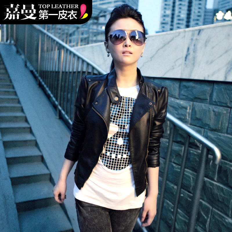 free shipping Leather clothing 2012 autumn new arrival outerwear motorcycle zipper short design slim PU women's small 6013