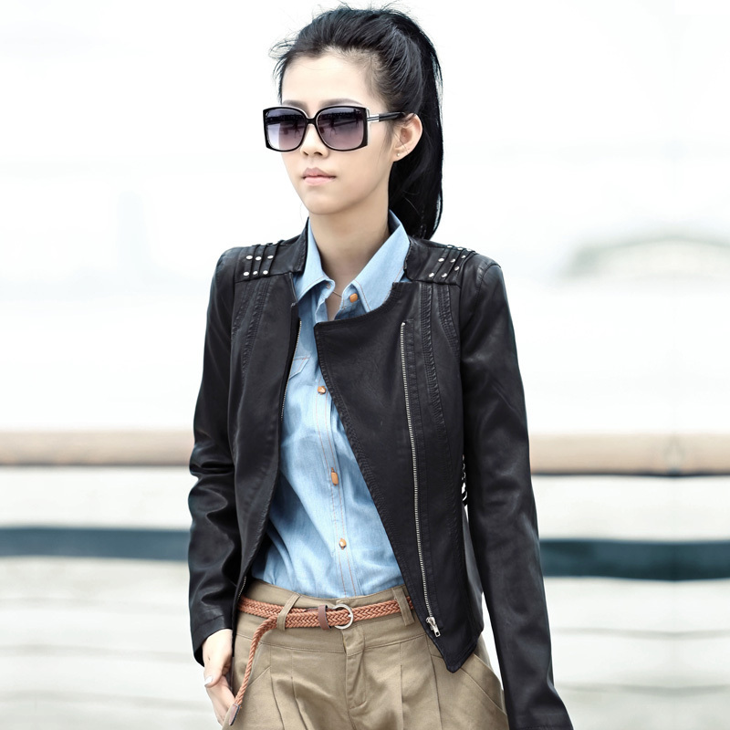 Free shipping Leather clothing 2012 spring rivet slim short design small leather clothing female outerwear 1g1152e0