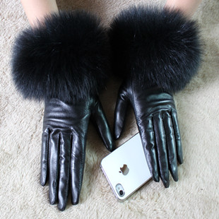 Free shipping Leather gloves fox fur wool gloves women's genuine leather gloves suede fashion thermal leather gloves